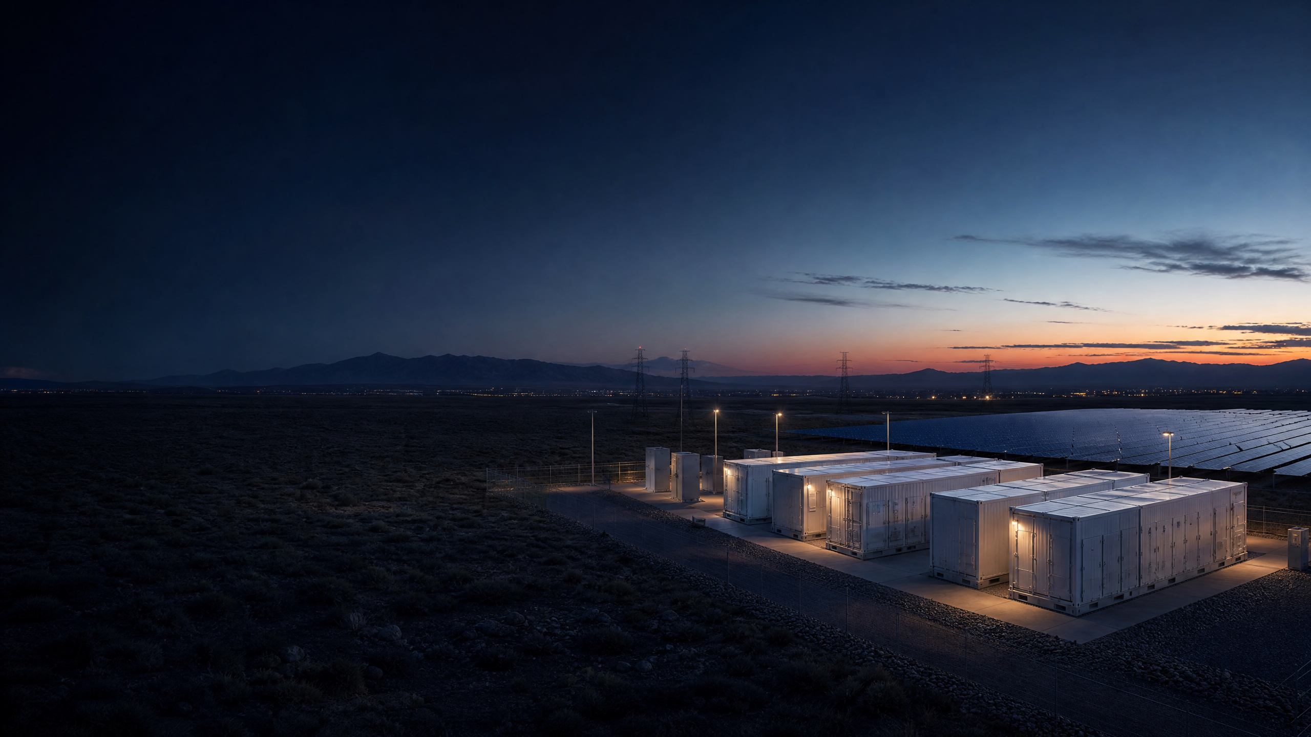 Battery energy storage containers at an energy site at dusk